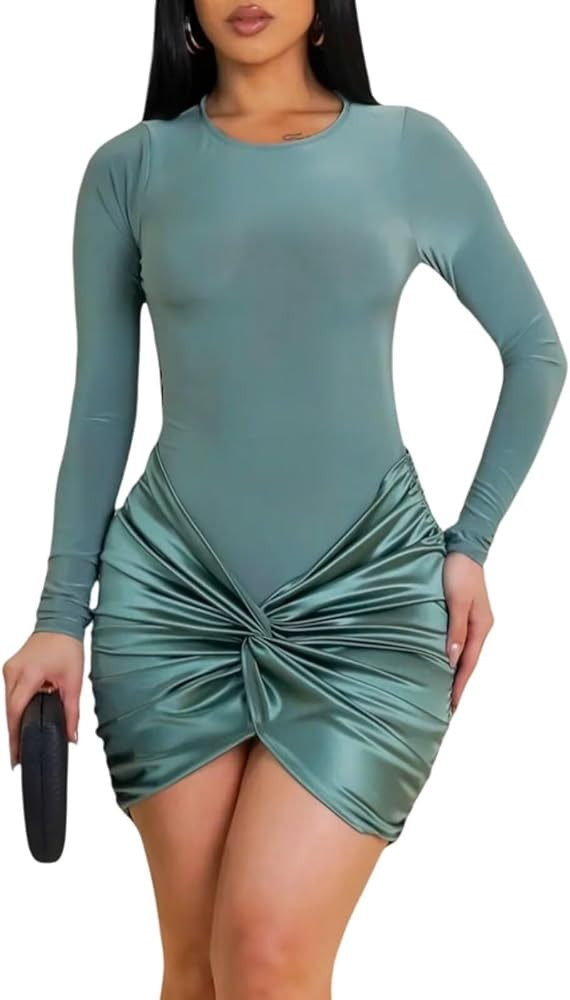 Ekaliy Women's Sexy Long Sleeve Mini Dress Elegant Crew Neck Twist Waist Ruched Bodycon Cocktail ... | Amazon (US)