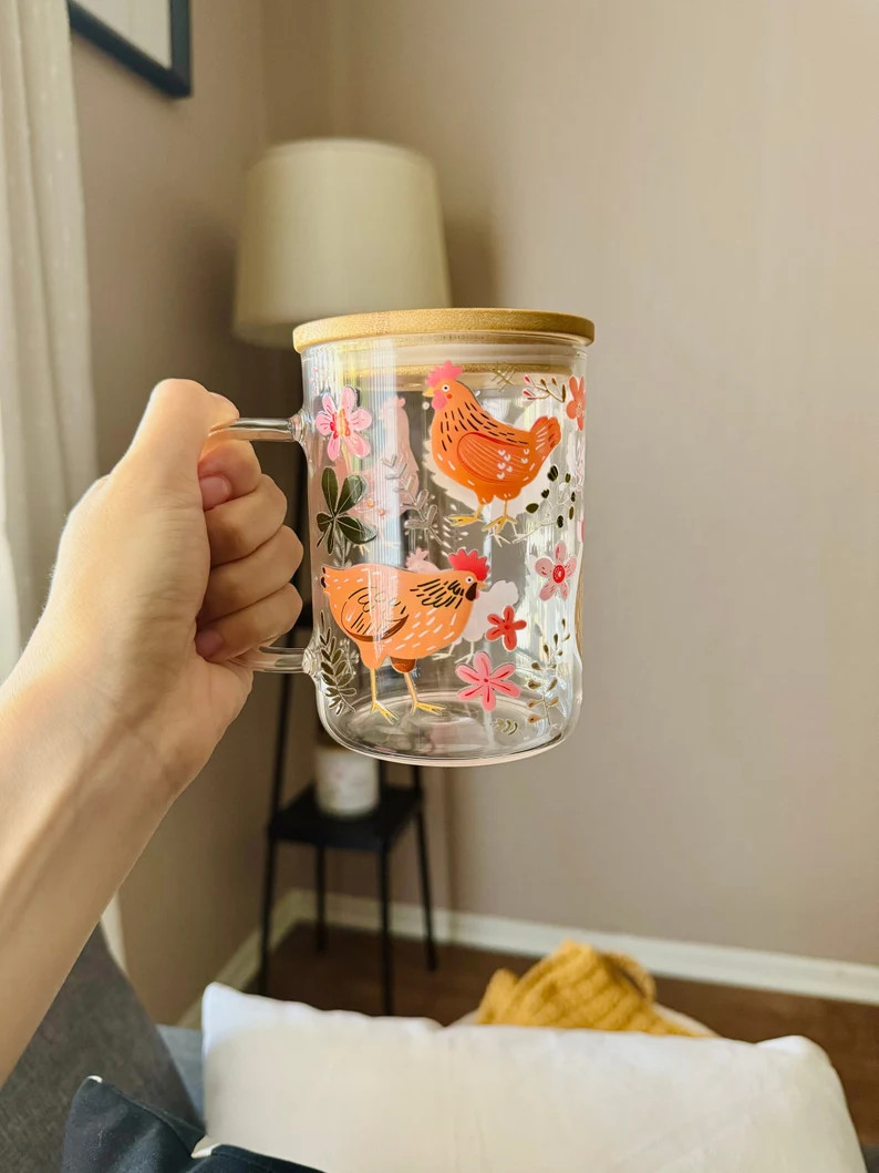 Cute chicken glass cup,  chicken glass can, chicken theme gift for women,  chicken gift idea, far... | Etsy (US)