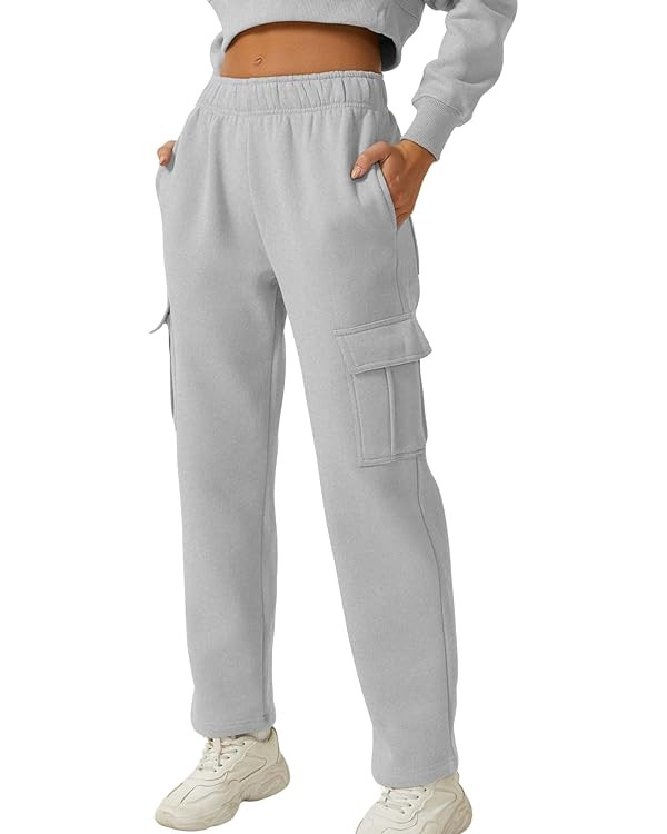 QINSEN Womens Medium Waist Baggy Elastic Waist Sweatpants Casual Fleece Long Pants with Pockets | Amazon (US)