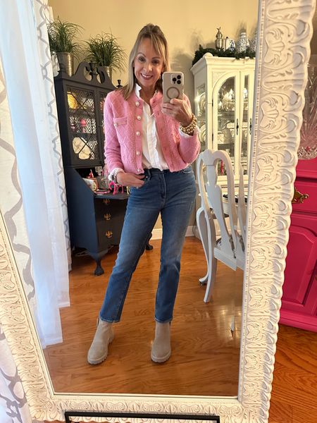 The prettiest pink lady jacket is on sale right now, there’s a coupon for $8 off! I’m wearing a small. It is great dressed up or down. You’ll love the beautiful color and the pretty trim and buttons! 

#LTKover40 #LTKsalealert #LTKHoliday