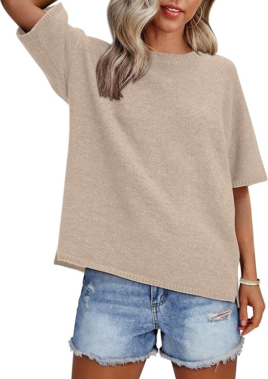ANRABESS Womens Short Sleeve Sweater Oversized Lightweight Business Casual Tops Crewneck Soft Kni... | Amazon (US)