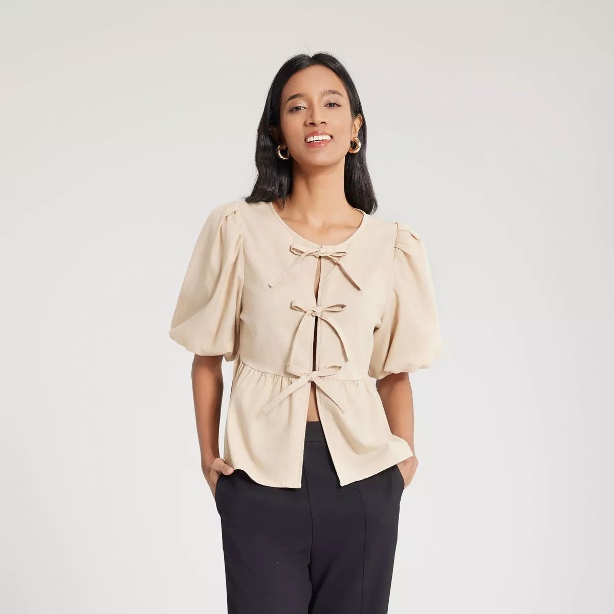 Women's Bubble Sleeve Tie-Front Blouse - A New Day™ Beige S | Target