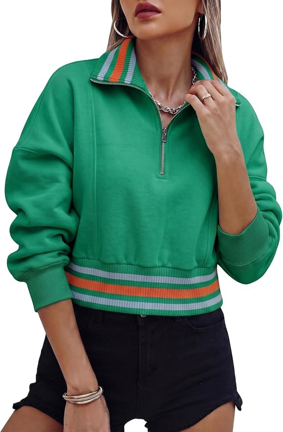 Fisoew Womens Half Zip Crop Pullover Sweatshirt Stripe Long Sleeve Jacket | Amazon (US)