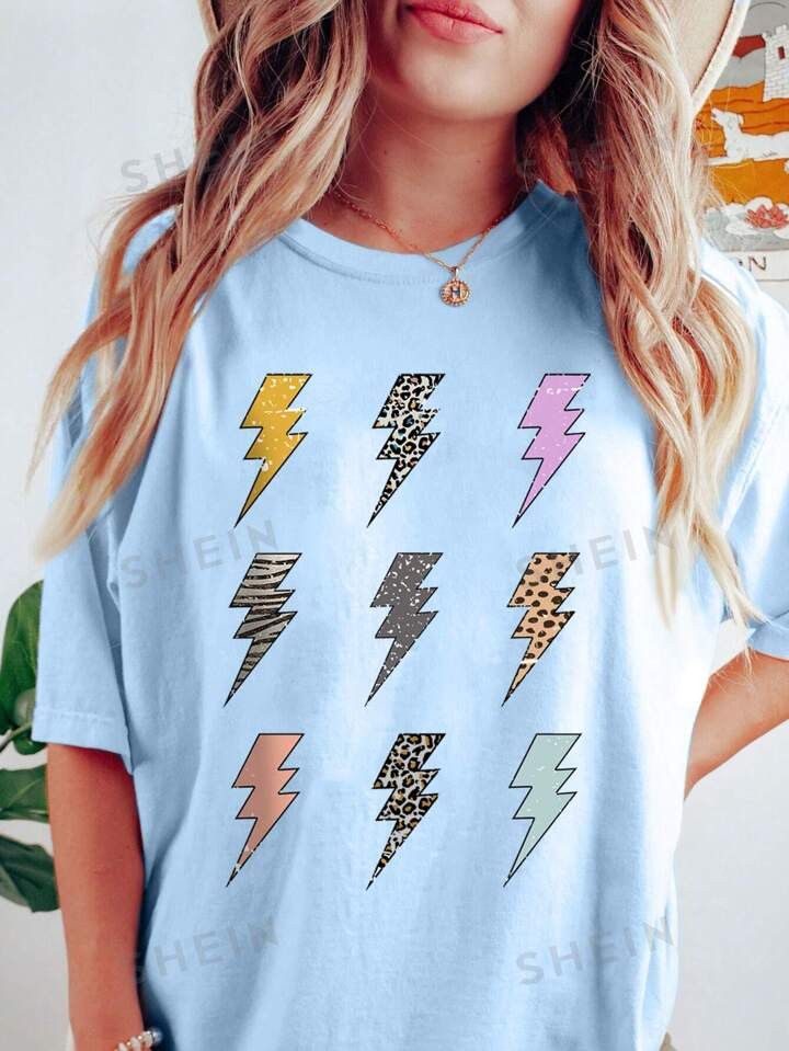 SHEIN EZwear Women's Summer Lightning Print Round Neck Short Sleeve Casual T-Shirt | SHEIN