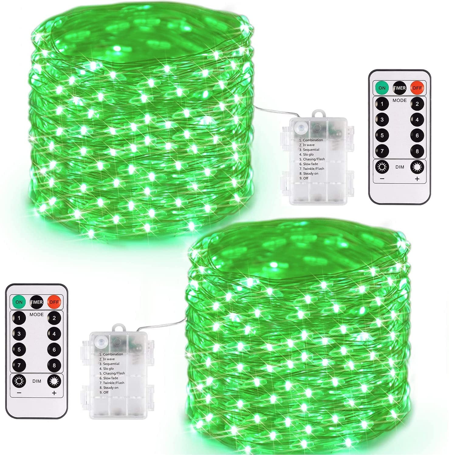 JMEXSUSS 2 Pack Green Fairy Lights Battery Operated, Total 200 LED 66ft Twinkle String Lights wit... | Amazon (US)