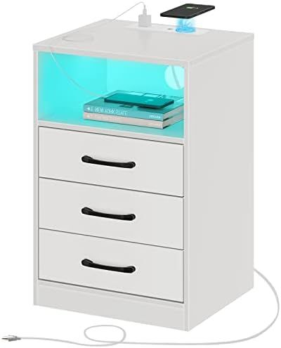 Seventable Nightstand with Wireless Charging Station and LED Lights, Modern End Side Table with 3... | Amazon (US)