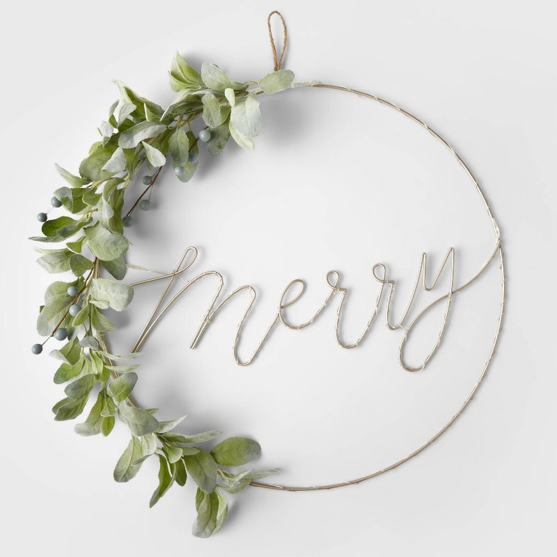 20" Lit 'Merry' Hoop with Faux Greenery Decorative Wreath Gold - Wondershop™ | Target