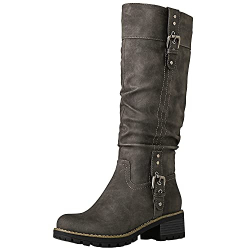 GLOBALWIN Women's Grey Knee High Riding Boots For Women Chunky Low Heel Size 9.5M | Amazon (US)