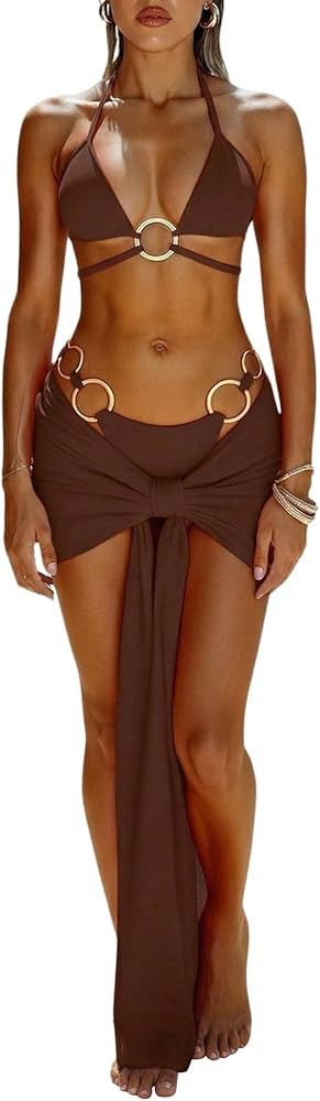 SweatyRocks Women's Ring Linked Halter Bikini Sets 3 Piece Swimsuits with Cover Up Skirt | Amazon (US)
