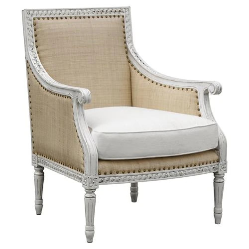 Oly Studio Hanna French Antique White Raffia Nailhead Trim Arm Chair | Kathy Kuo Home