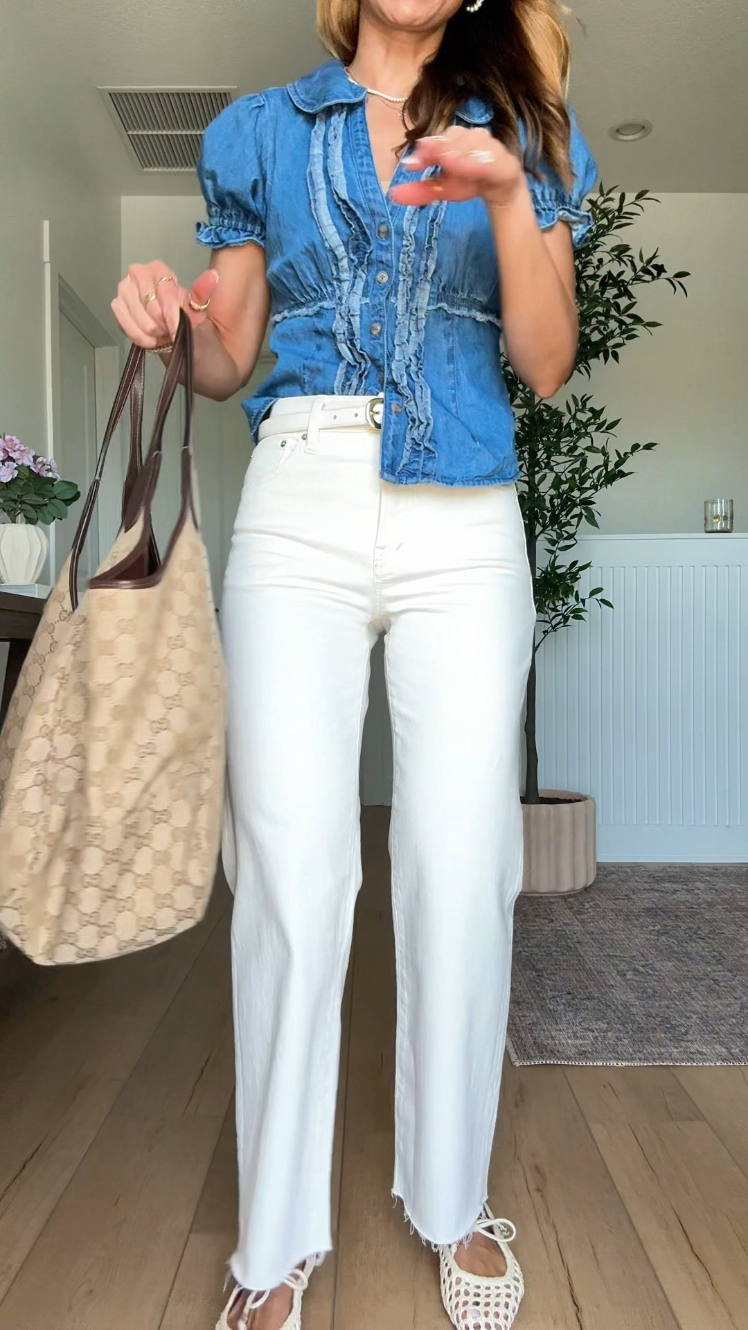 Madewell wide leg crop jeans in 24 regular (comes in petite too but I wanted full length). Love the cream color! Anthropologie denim shirt in XXS regular (could have done petite length in this). Woven ballet flats are TTS. Gucci Mercato tote size large. My spring outfit of the day. Elevated casual outfit. 

#LTKootd #LTKmomlife #LTKPetite