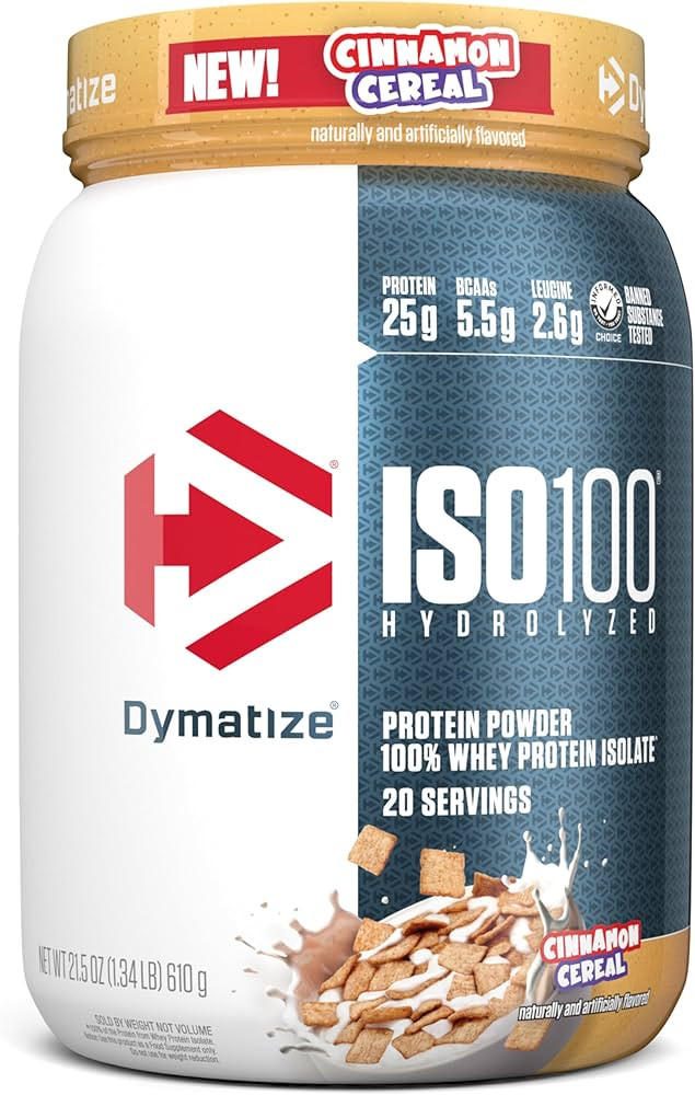 Dymatize ISO100 Whey Protein Powder Isolate, Cinnamon Cereal, 25g of Protein, 5.5g BCAAs, Less Th... | Amazon (US)