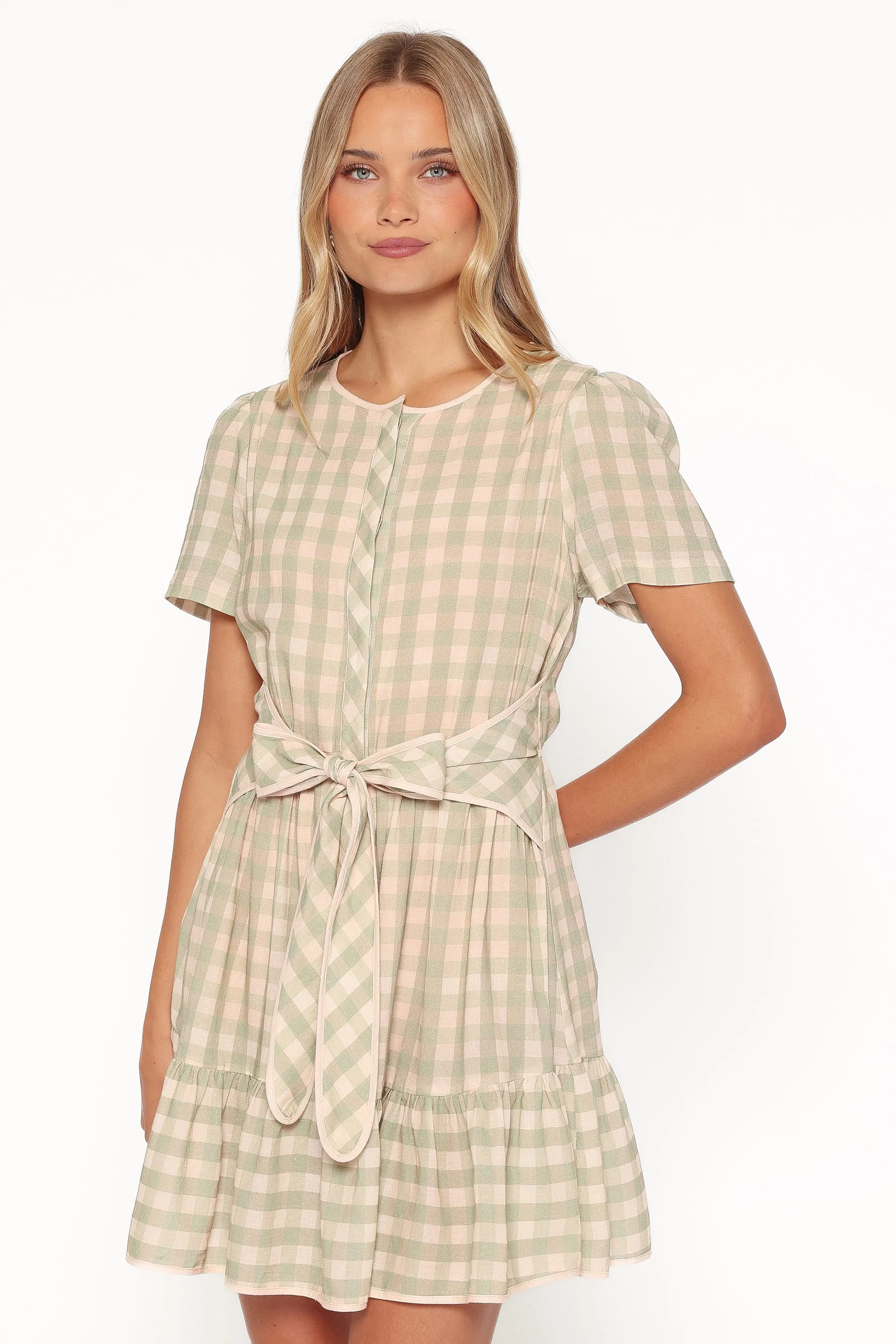 Lorry Tie Front Mini Dress - Green/Pink Gingham | Petal & Pup (US)