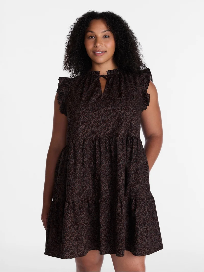 Time and Tru Women's and Women's Plus Tiered Cotton Mini Dress with Flutter Sleeves, Sizes XS-4X | Walmart (US)