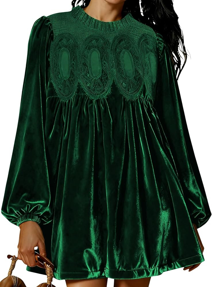 Huaqiao Womens A-Line Velvet Lace Overall Pleated Babydoll Mini Dress Casual Scallop Neck Flared ... | Amazon (US)