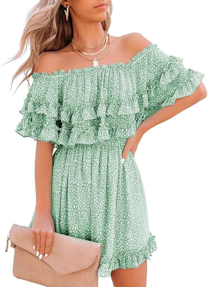 Fazortev Womens Summer Off Shoulder Smocked Dress Ruffle Casual Flowy Elastic Neckline Waistband Pri | Amazon (US)