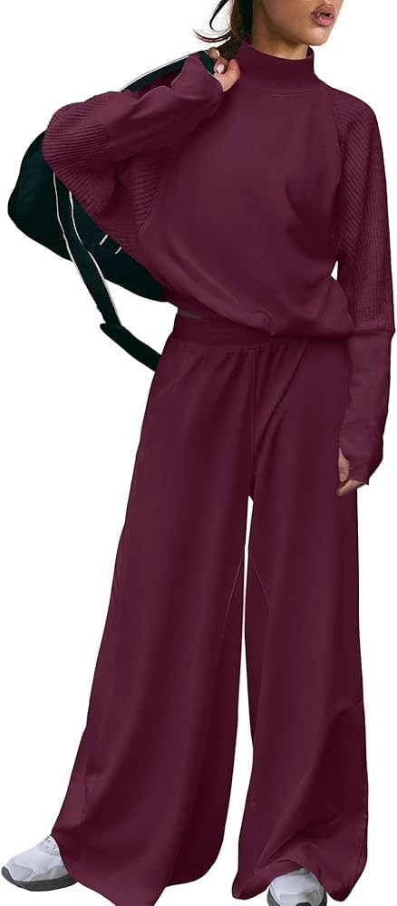 LAMISSCHE 2 Piece Lounge Set Women Matching Sweat Sets Long Sleeve Top Wide Leg Pants Sweatsuits ... | Amazon (US)