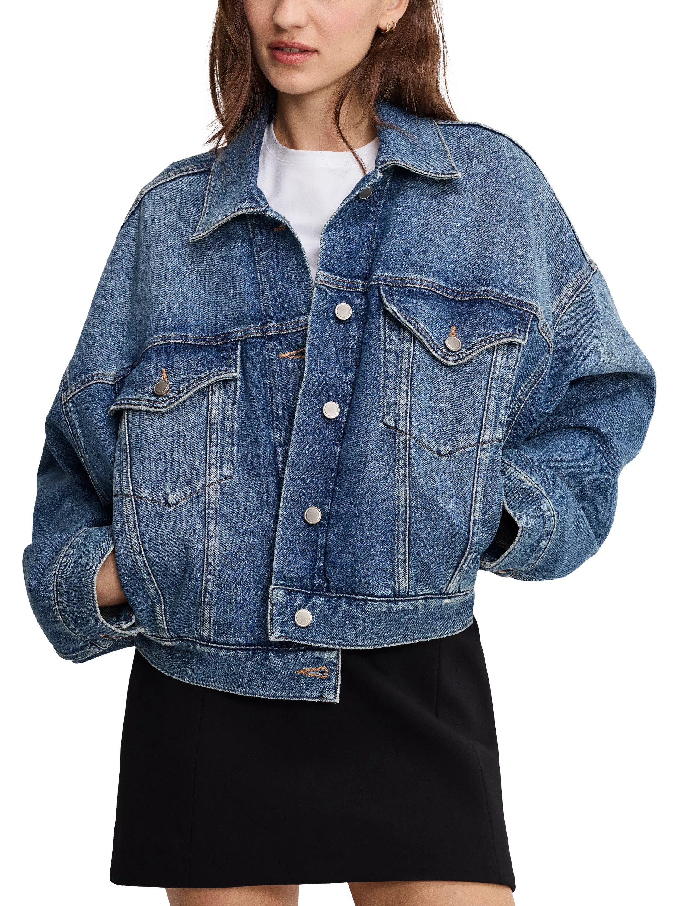 Good American Crop Pleated Trucker Jacket, Blue | John Lewis (UK)