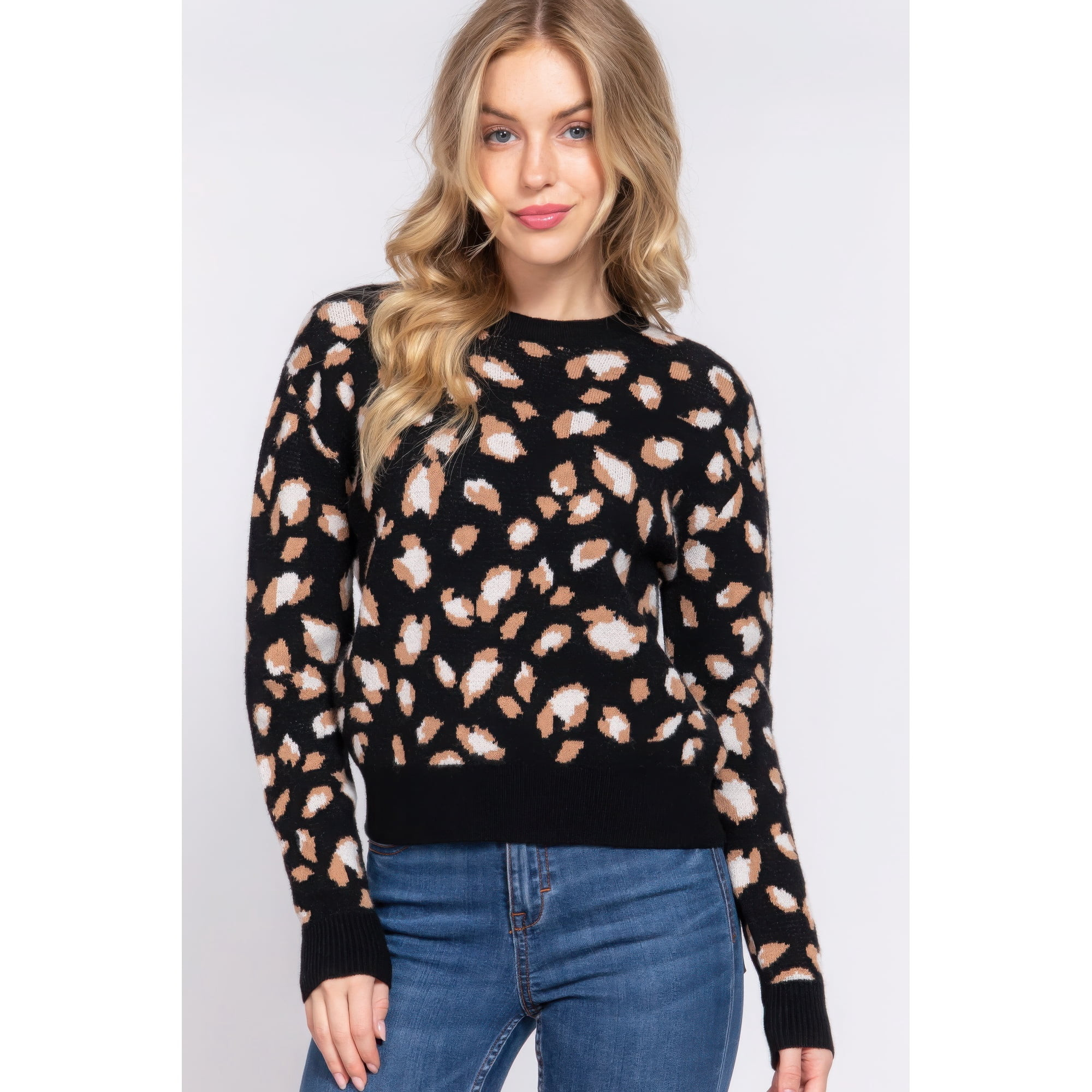 Saronite Animal Printed Long Sleeve Jacquard Viscose Crew Neck Winter Sweater Top. Black/Ivory (W... | Walmart (US)