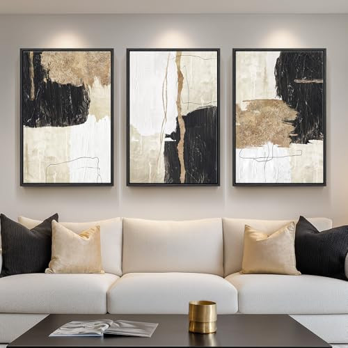 Framed Black and White Abstract Wall Art for Living Room, 3 Piece Large Canvas Modern Picture Artworks, Minimalist Black Gold Painting Prints for Dining Room Hallway Home Office Wall Decor, 24x36 Inch | Amazon (US)