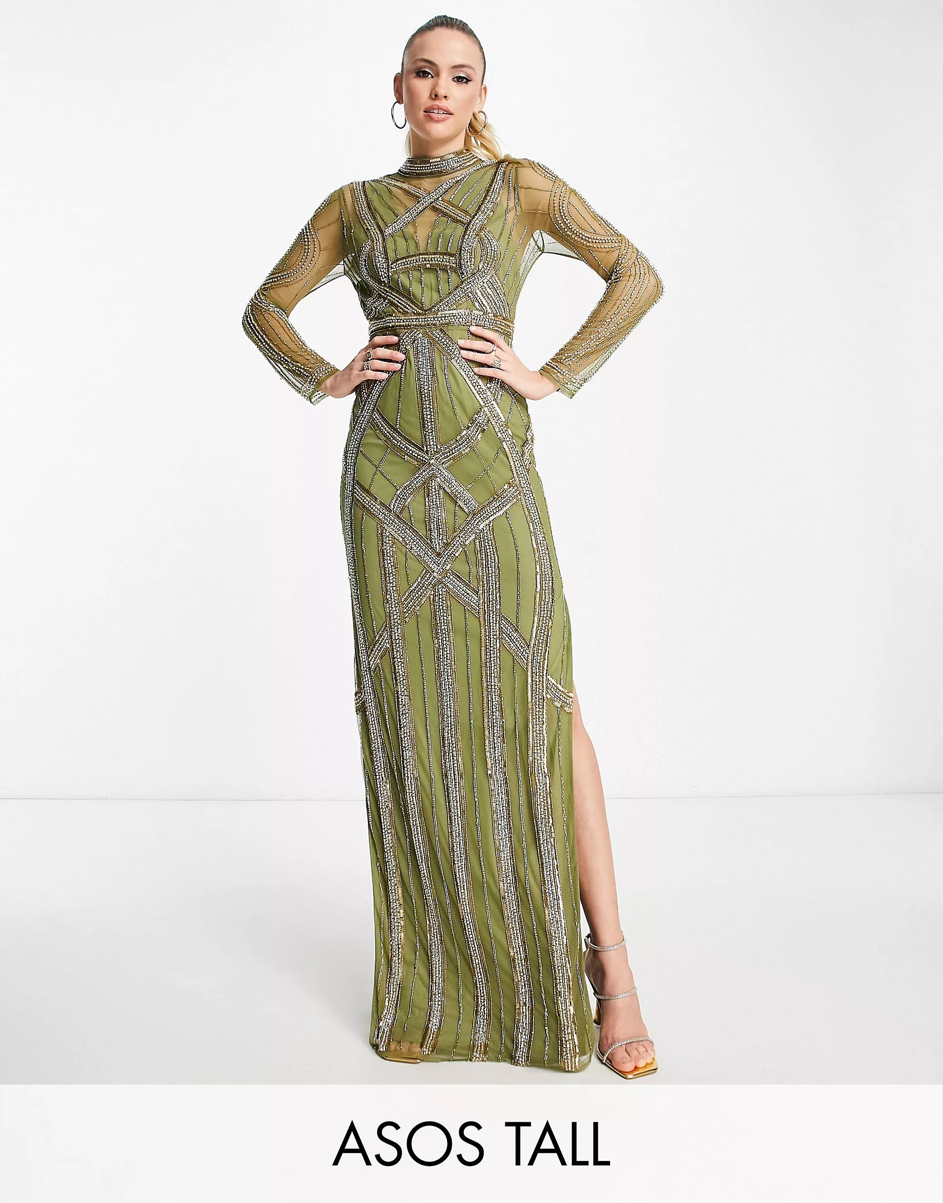 ASOS DESIGN Tall ergonomic embellished maxi dress in khaki | ASOS (Global)