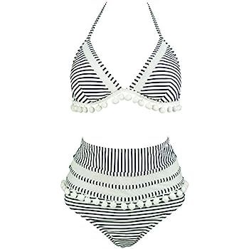 COCOSHIP Women's Mesh Striped High Waist Bikini Set Tassel Trim Top Halter Straps Swimsuit(FBA) | Amazon (US)