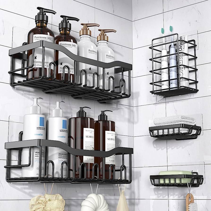Adhesive Shower Caddy, 5 Pack Rustproof Stainless Steel Bath Organizers With Large Capacity, No Drilling Shelves for Bathroom Storage & Home Decor | Amazon (US)