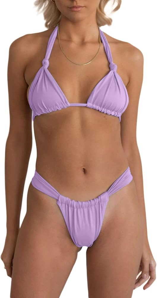 Sexy Brazilian Bikini Sets for Women High Cut 2PCS Thong Swimsuit Tie Knot Ruched Swimwear | Amazon (US)
