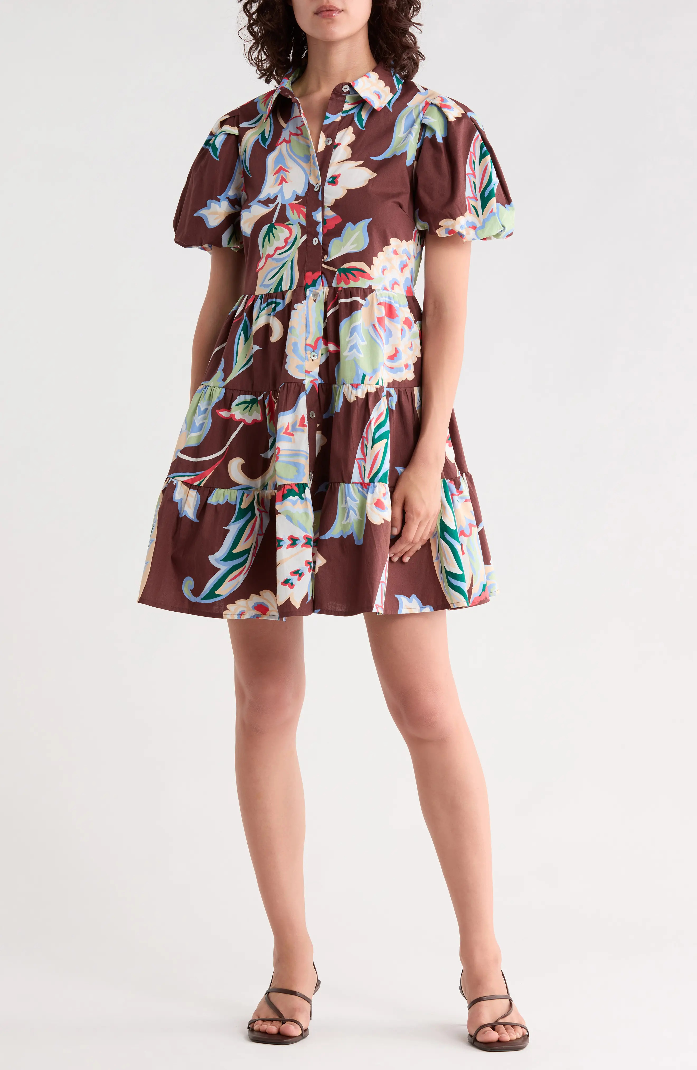 Halogen® Tiered Puff Sleeve Shirtdress in Deep Mahogany at Nordstrom Rack, Size Medium | Nordstrom Rack