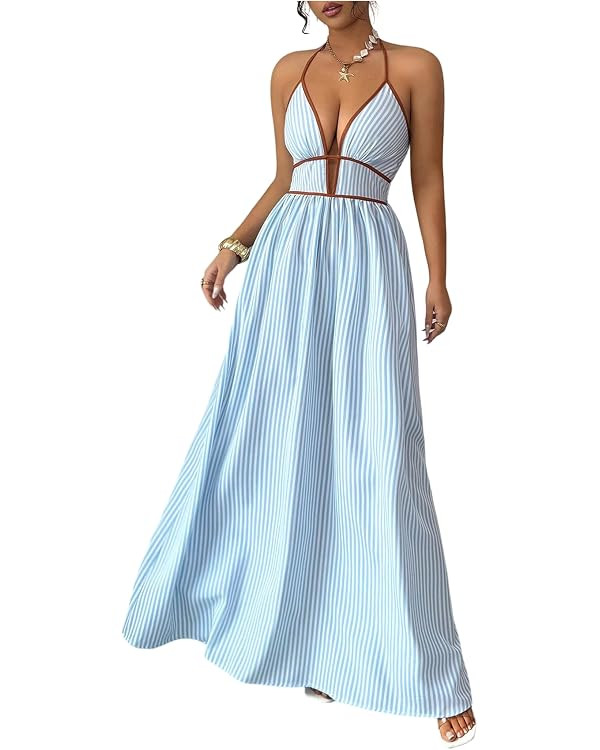 Floerns Women's Striped Halter Maxi Dress Backless Smocked Beach Vacation Boho Dress | Amazon (US)