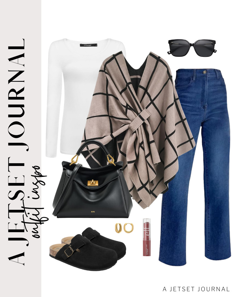 For our first outfit, you need a simple long-sleeve t-shirt from OThread and straight-leg jeans. Then, top it off with a black-and-khaki pattern shawl wrap poncho and suede slip-on clogs to finish the look. 

 #LTKSeasonal #LTKSaleAlert #LTKTravel