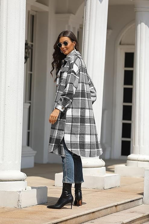 Omoone Women's Thick Woolen Lapel Button Up Long Plaid Shirt Coat Check Maxi Shacket | Amazon (US)
