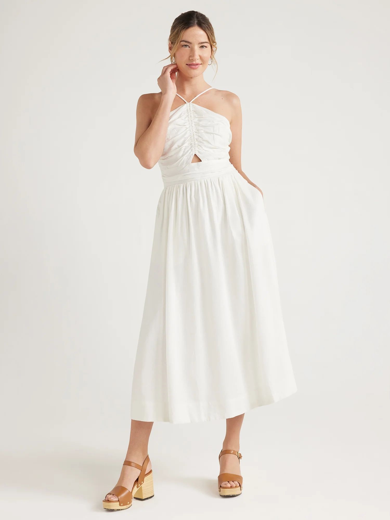 Free Assembly Women’s Sleeveless Ruched Halter Midi Dress, Sizes XS-XXL - Walmart.com | Walmart (US)