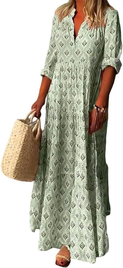 Women Casual Boho Long Sleeve Loose Dress Summer Vintage Pleated V Neck Plus Size Tiered Flowy Be... | Amazon (US)