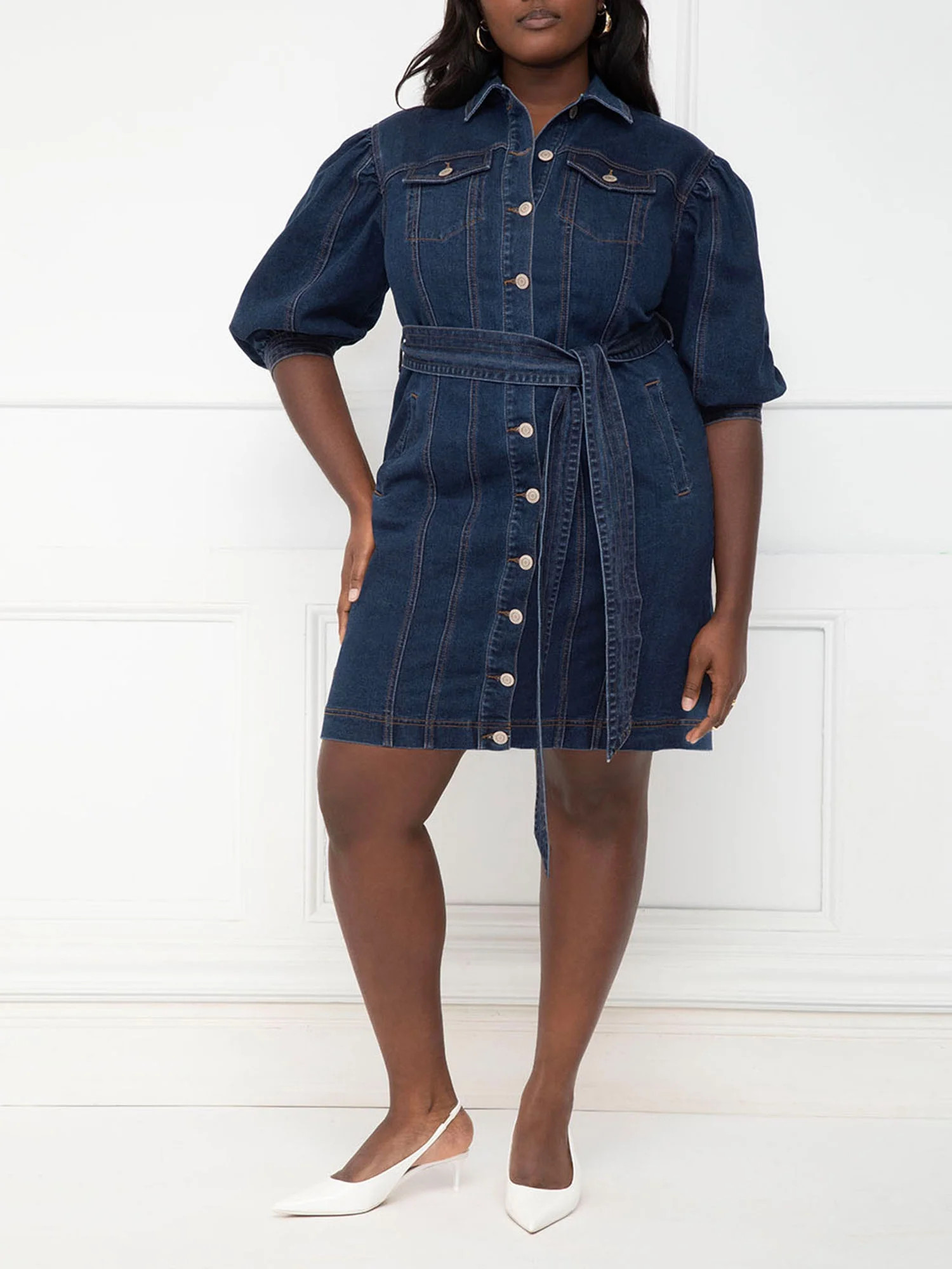 ELOQUII Elements Women's Plus Puff Sleeve Denim Jacket Dress | Walmart (US)