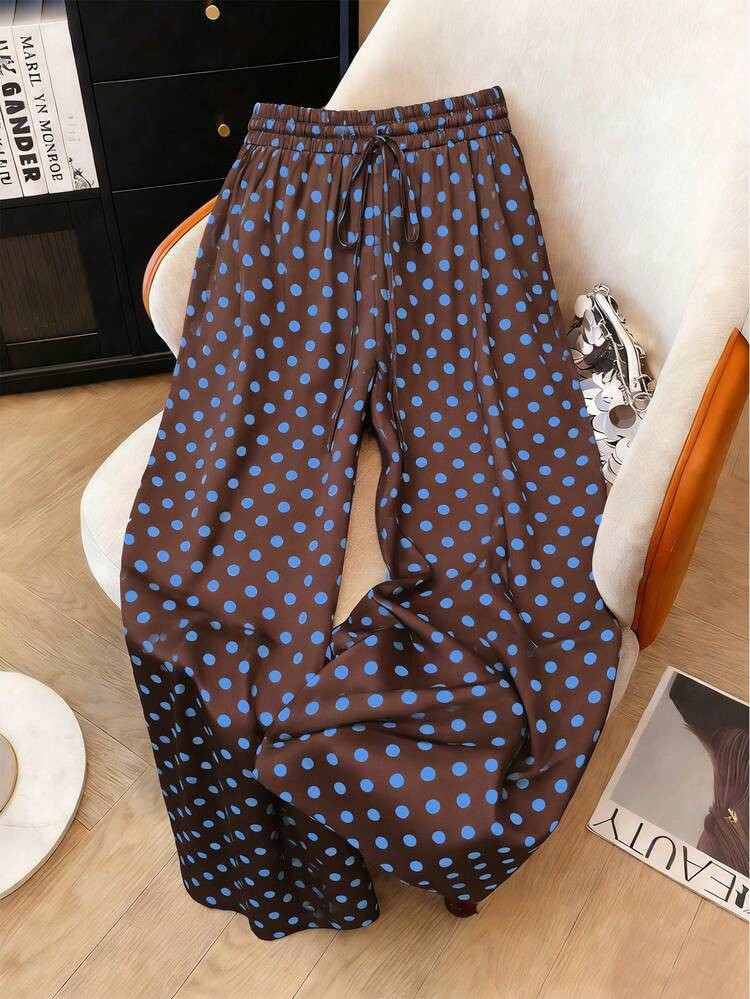 Drawstring, satin polkadot pants  | SHEIN