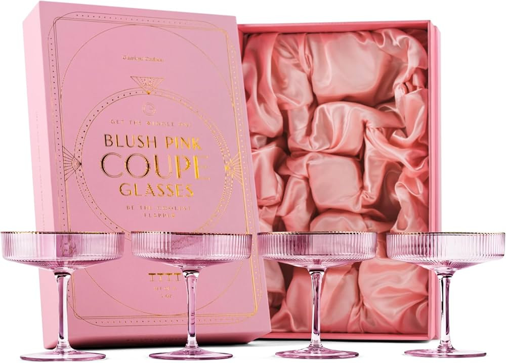 Vintage Art Deco Blush Pink Coupe Glasses with Gold Rims | Set of 4 | 7 oz Crystal Ribbed Cocktai... | Amazon (CA)