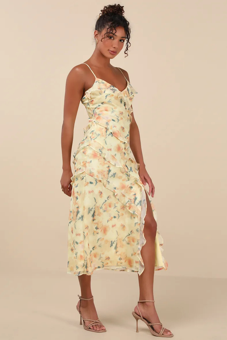 Dreamy Personality Yellow Floral Ruffled Sleeveless Midi Dress | Lulus