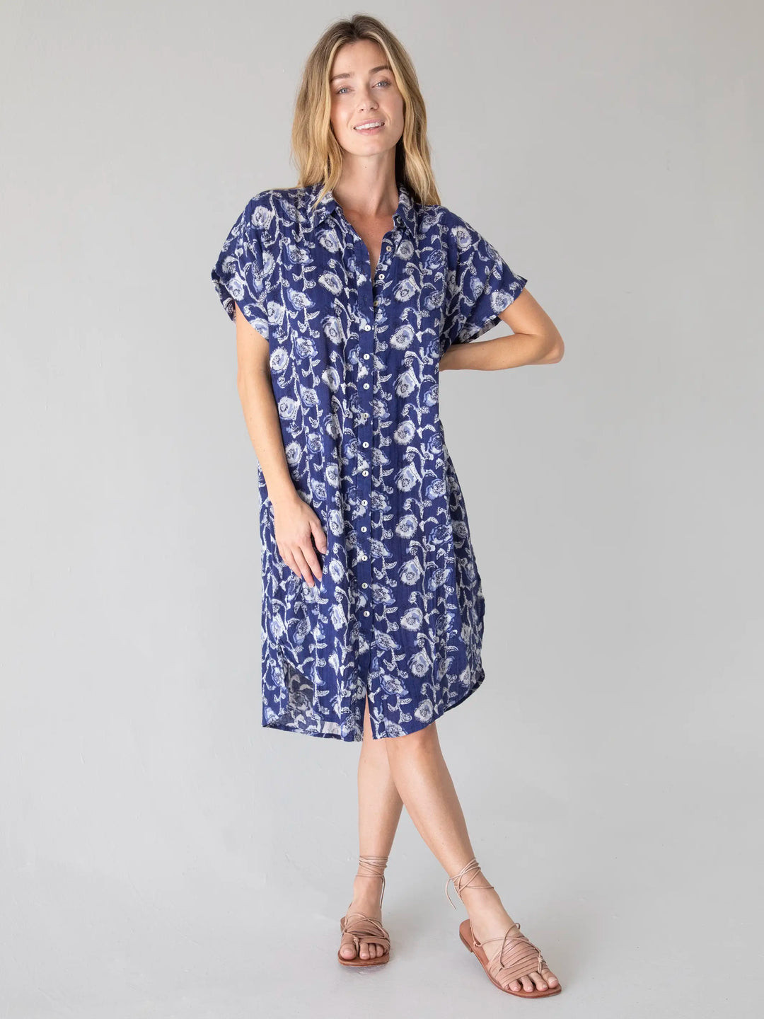 Take It Easy Cotton Gauze Midi Dress - Navy Cream Vines | Natural Life