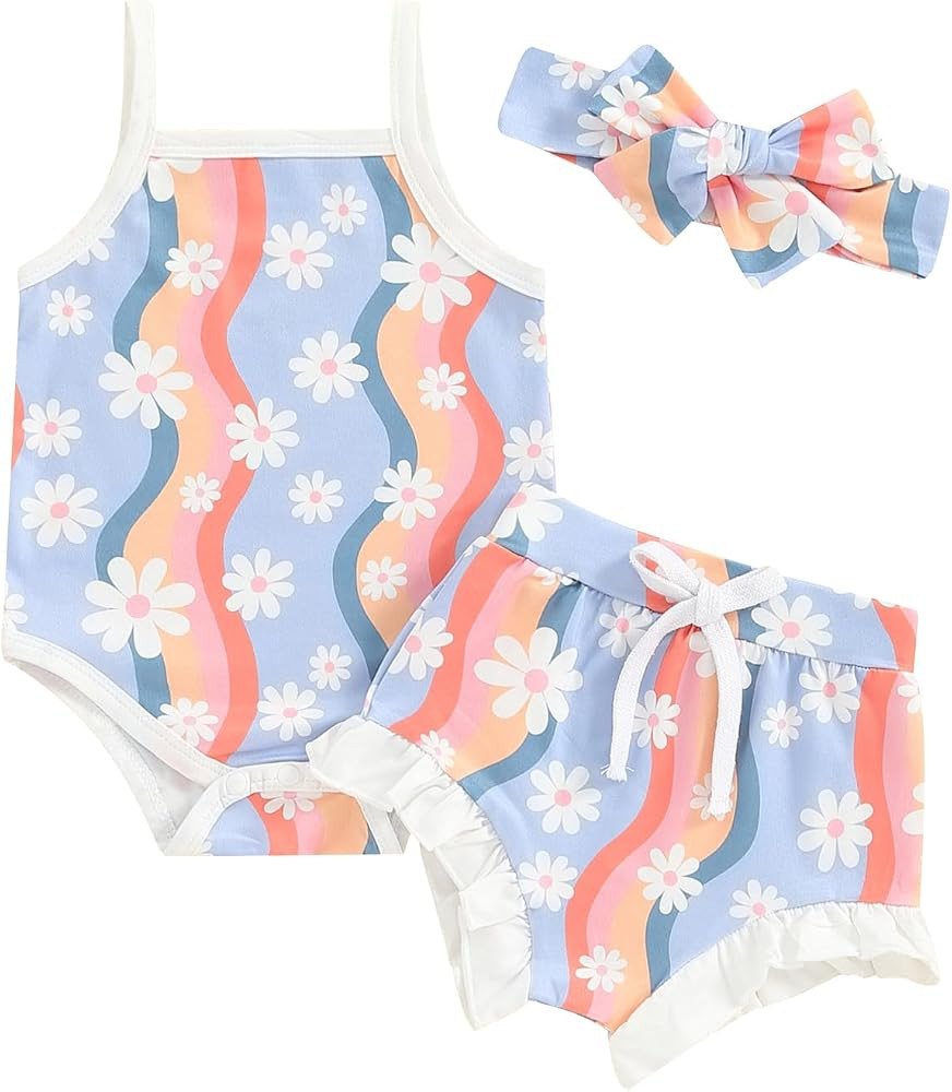 Kuriozud Newborn Infant Baby Girl 2 Piece Summer Outfits Tank Romper Top + Ruffle Bloomer Shorts ... | Amazon (US)