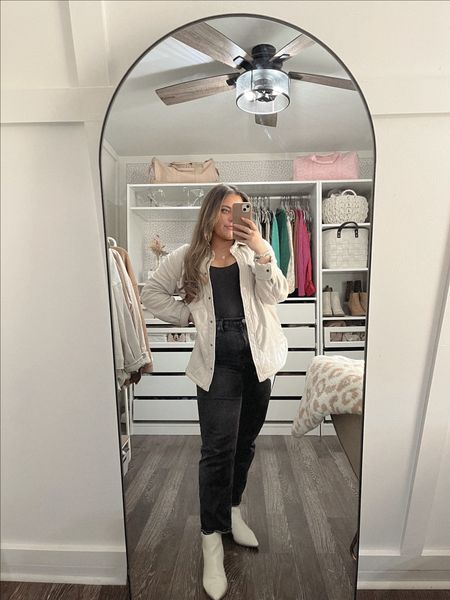 Casual neutral teacher outfit shacket straight jeans pointy toe boots seamless bodysuit 
Jeans on sale 25% off and an additional 15% in cart with code denimaf

#LTKunder50 #LTKunder100 #LTKsalealert