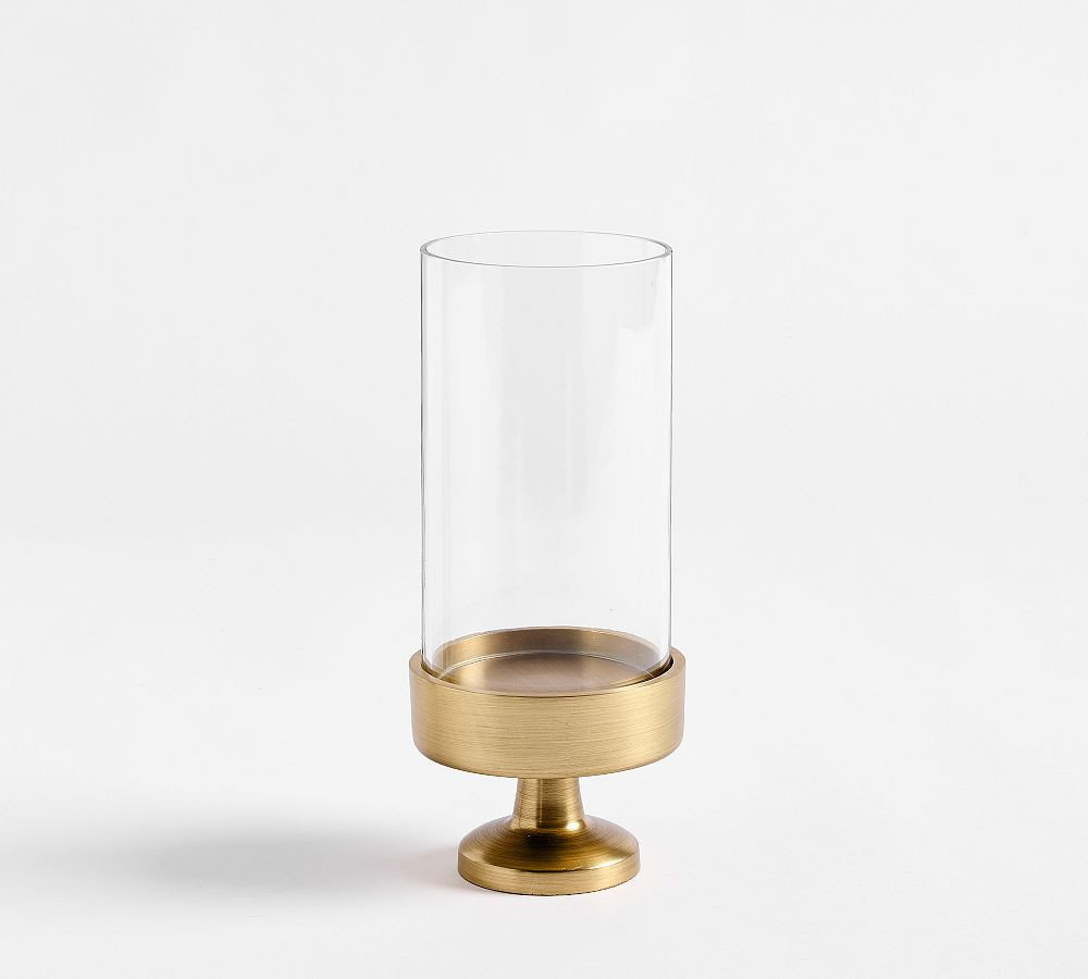 Monique Lhuillier Salerno Hurricane: Small Pillar Candle Holder - Brass | Pottery Barn (US)