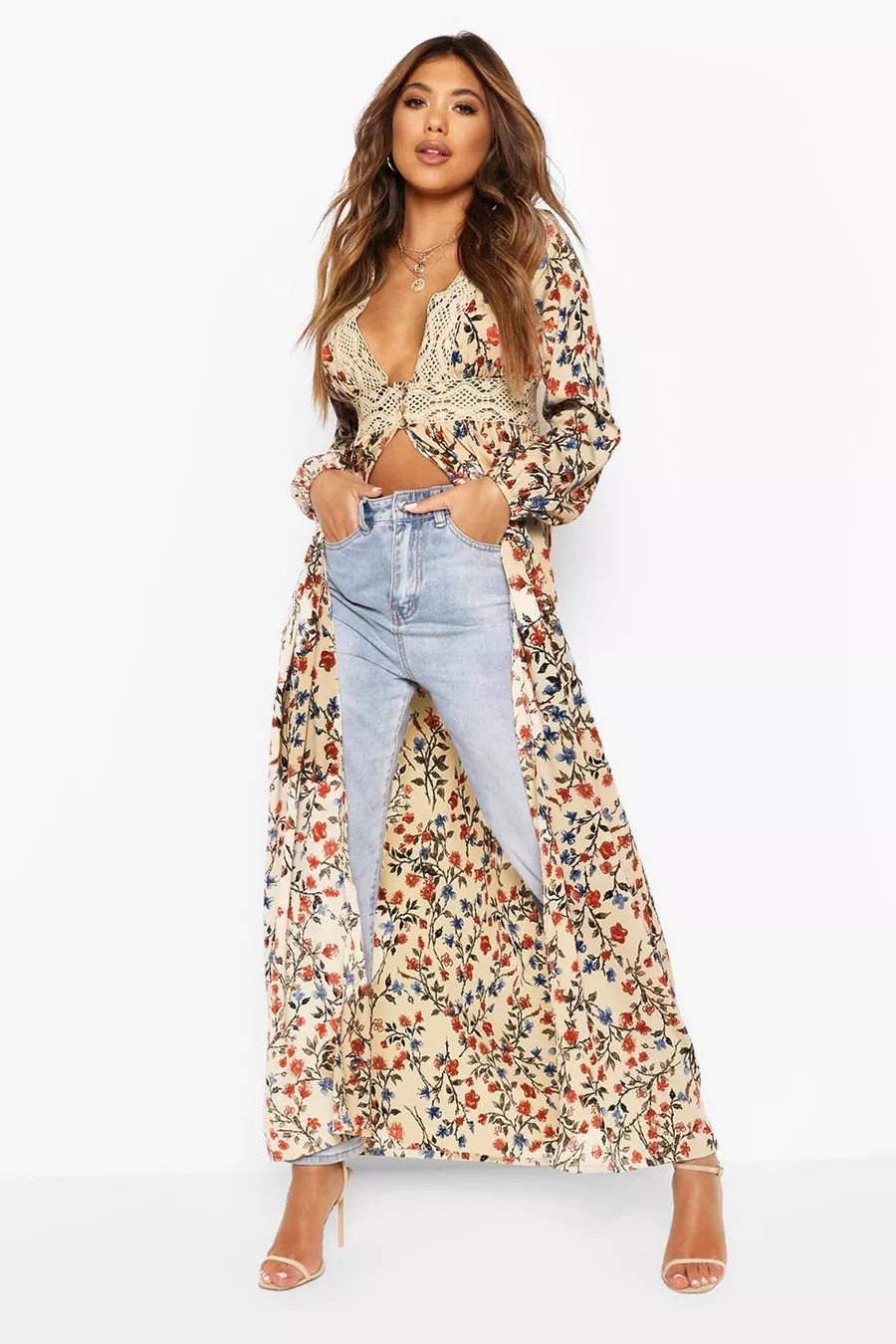 Floral Crotchet Trim Button Detail Split Kimono | Boohoo.com (US & CA)