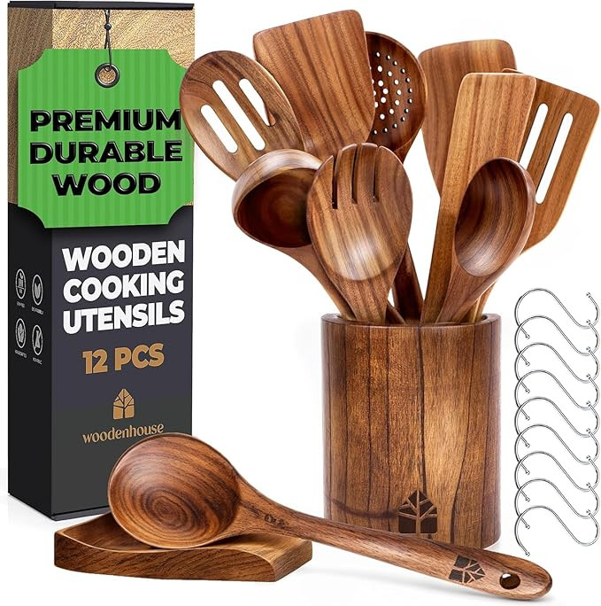 Wooden Spoons for Cooking – Wooden Cooking Utensils Set with Holder, Spoon Rest & Hooks, Teak W... | Amazon (US)