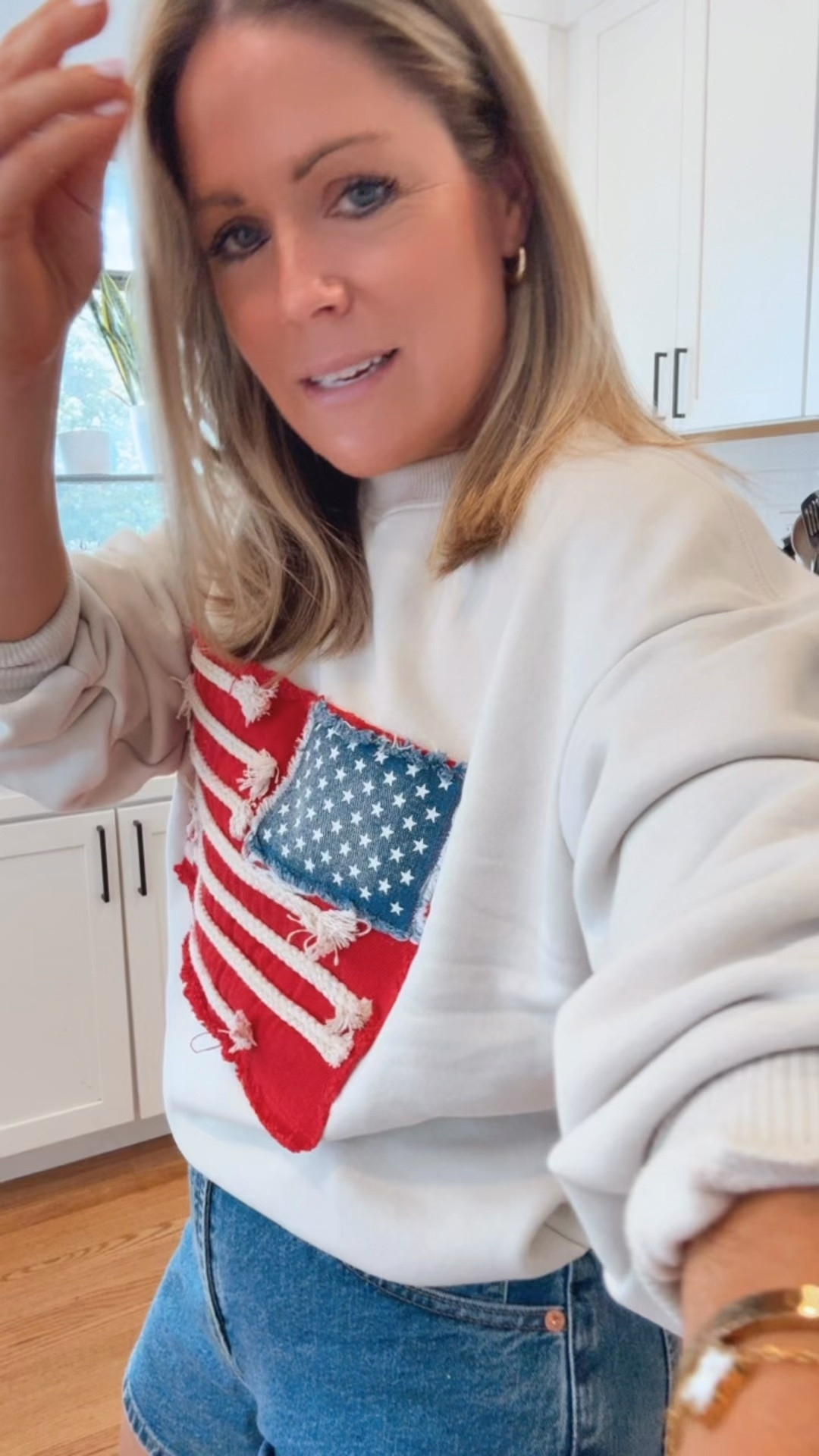 Viral @Target 🇺🇸 graphic sweatshirt! Runs oversized - wearing an XXS in the sweatshirt. Only $25! So cute for Memorial Day, July 4th, the World Cup, etc. Wearing a 4 in the denim shorts - run small! I’d recommend sizing up.

#LTKSeasonal #LTKPetite #LTKootd