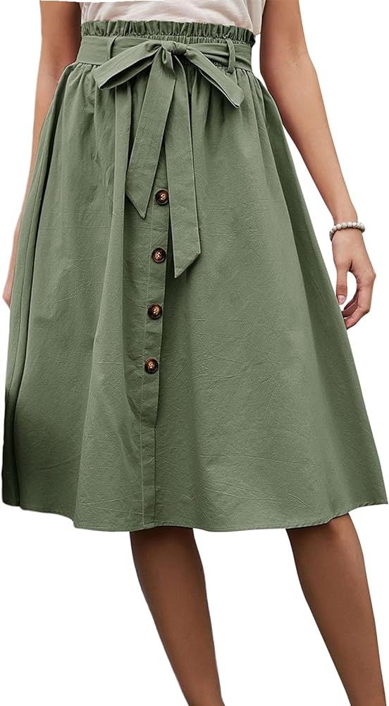 Milumia Women Casual Paperbag High Waisted Button Front Skirt Flared Belted Midi Skirt | Amazon (US)