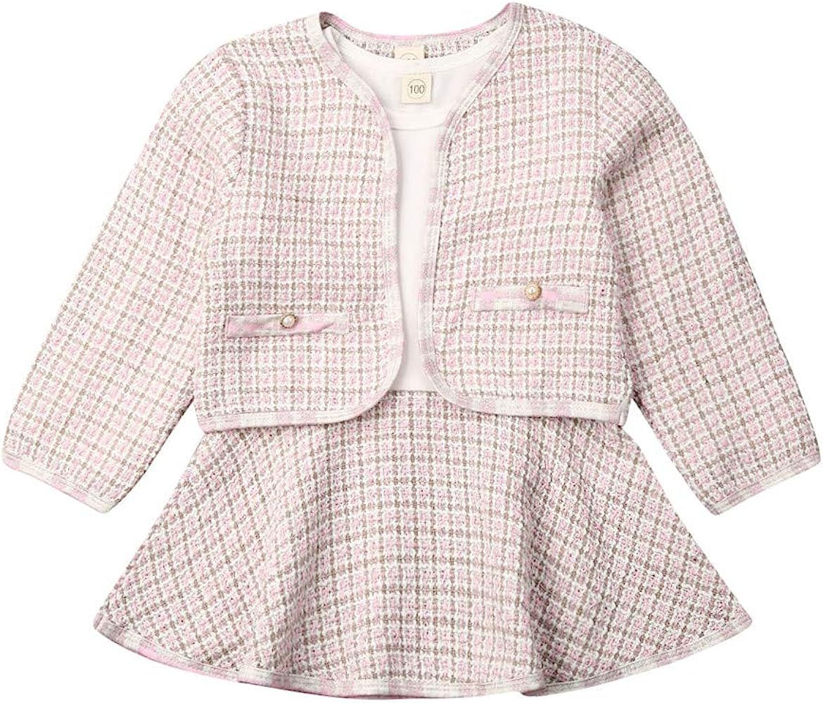 Toddler Baby Girl Plaid Skirt Set Long Sleeve Jacket Coat Tops Party Dress Tutu Skirt Fall Outfit Cl | Amazon (US)