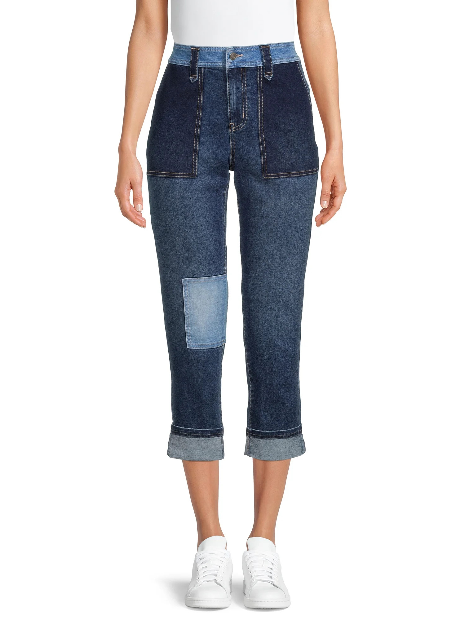 Time and Tru Women's Cuffed Patchwork Jeans | Walmart (US)