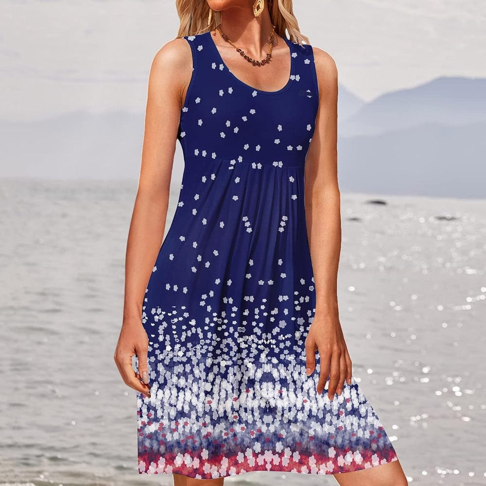 4Th of July Patriotic Red White and Blue Dresses for Women V Neck Sleeveless Mid Dress Graphic Cloth | Amazon (US)