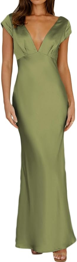 Halfisland Womens Summer Satin V Neck Cap Sleeve Backless Maxi Dress Elegant Twist Cut Out Midi D... | Amazon (US)